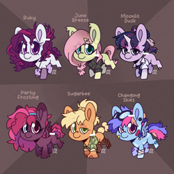 Size: 1500x1500 | Tagged: safe, artist:lionbun, imported from derpibooru, applejack, fluttershy, pinkie pie, rainbow dash, rarity, twilight sparkle, earth pony, pegasus, pony, unicorn, base used, chibi, clothes, cute, earth pony fluttershy, goggles, heterochromia, horn, mane six, pegasus pinkie pie, race swap, redesign, shirt, sweater, turtleneck