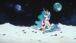 Size: 1280x720 | Tagged: safe, imported from derpibooru, princess celestia, alicorn, pony, ai content, ai generated, anonymous prompter, generator:pony diffusion v6 xl, generator:stable diffusion, on the moon, sitting, wait what