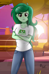 Size: 1889x2879 | Tagged: safe, artist:danielitamlp, imported from derpibooru, wallflower blush, human, equestria girls, breasts, busty wallflower blush, clothes, crossed arms, denim, female, jeans, pants, politics, shirt, solo, t-shirt, verde