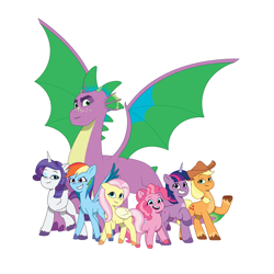 Size: 4096x4096 | Tagged: safe, artist:prixy05, imported from derpibooru, applejack, fluttershy, pinkie pie, rainbow dash, rarity, spike, twilight sparkle, dragon, earth pony, pegasus, pony, unicorn, adult, adult spike, dragon lord spike, g4 to g5, g5, generation leap, horn, mane seven, mane six, my little pony: tell your tale, older, older spike, simple background, unicorn twilight, white background, winged spike, wings