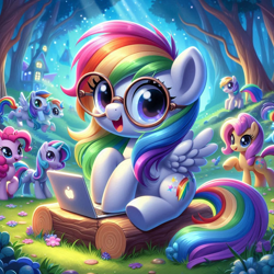Size: 1024x1024 | Tagged: prompter needed, safe, imported from derpibooru, fluttershy, pinkie pie, rainbow dash, earth pony, pegasus, ai content, ai generated, apple, apple (company), computer, copilot (bing), food, forest, generator:dall-e 3, glasses, laptop computer, looking at you, macbook, nature, open mouth, self paradox, self ponidox, sitting, tree