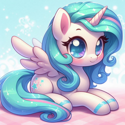 Size: 1024x1024 | Tagged: safe, imported from derpibooru, izzy moonbow, alicorn, pony, ai content, ai generated, bing, copilot (bing), cute, g5, generator:copilot, generator:dall-e 3, looking at you, lying down, not izzy moonbow, pegasus wings, prone, solo, wings