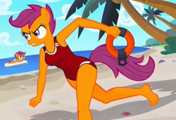 Size: 1216x832 | Tagged: safe, imported from twibooru, scootaloo, anthro, pegasus, ai content, ai generated, baywatch, beach, breasts, buoy, busty scootaloo, clothes, determined, generator:stable diffusion, needs more jpeg, one-piece swimsuit, palm tree, running, sexy, solo, sunbathing, swimsuit, tree