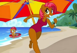 Size: 1216x832 | Tagged: safe, imported from twibooru, babs seed, anthro, earth pony, ai content, ai generated, baywatch, beach, breasts, buoy, busty babs seed, clothes, flirting, generator:stable diffusion, grin, needs more jpeg, one-piece swimsuit, palm tree, running, seductive pose, sexy, smiling, solo, sunbathing, swimsuit, tree, umbrella