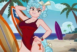 Size: 1216x832 | Tagged: safe, imported from twibooru, cozy glow, anthro, pegasus, ai content, ai generated, arm behind head, baywatch, beach, breasts, busty cozy glow, clothes, flirting, generator:stable diffusion, hand on hip, needs more jpeg, one-piece swimsuit, palm tree, seductive pose, sexy, smiling, smirk, solo, standing, surfboard, swimsuit, tree