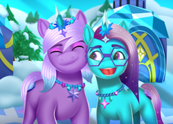 Size: 3500x2500 | Tagged: safe, artist:leonkay, imported from derpibooru, pony, auroricorn, comet (g5), duo, duo male and female, female, g5, glasses, male, mare, stallion, violet frost