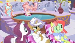 Size: 1024x589 | Tagged: safe, artist:velveagicsentryyt, imported from derpibooru, oc, oc only, oc:bubblepie, oc:cloudee, oc:eclipse sparkle, oc:florest rose, oc:fuji jackie, oc:glority, hybrid, pegasus, unicorn, bathrobe, clothes, cucumber pirate, deviantart watermark, female, horn, interspecies offspring, magic, magical lesbian spawn, mare, mud mask, obtrusive watermark, offspring, parent:applejack, parent:cheese sandwich, parent:discord, parent:fluttershy, parent:pinkie pie, parent:prince blueblood, parent:rainbow dash, parent:rarity, parent:tree hugger, parent:trenderhoof, parent:twilight sparkle, parent:zephyr breeze, parents:cheesepie, parents:discolight, parents:flutterhugger, parents:rariblood, parents:trenderjack, parents:zephdash, ponyville spa, robe, watermark