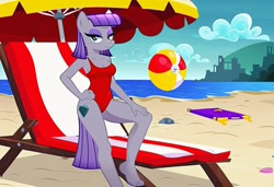 Size: 1216x832 | Tagged: safe, imported from twibooru, maud pie, anthro, earth pony, ai content, ai generated, baywatch, beach, beach ball, beach towel, breasts, busty maud pie, chair, clothes, flirting, generator:stable diffusion, hand on hip, hand on leg, lawn chair, needs more jpeg, one-piece swimsuit, seductive pose, sexy, smiling, solo, standing, sunbathing, swimsuit, umbrella