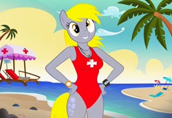 Size: 1216x832 | Tagged: safe, imported from twibooru, derpy hooves, anthro, pegasus, ai content, ai generated, baywatch, beach, breasts, busty derpy hooves, chair, clothes, flirting, generator:stable diffusion, hand on hip, lawn chair, needs more jpeg, one-piece swimsuit, palm tree, seductive pose, sexy, smiling, solo, standing, sunbathing, swimsuit, tree, umbrella, watch tower