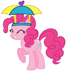 Size: 1600x1718 | Tagged: safe, artist:ryoki-fureaokibi, imported from derpibooru, pinkie pie, earth pony, pony, eyes closed, female, hat, mare, raised hoof, simple background, transparent background, umbrella hat, vector