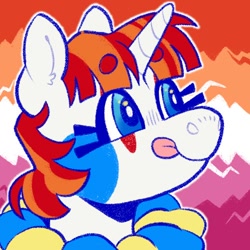 Size: 500x500 | Tagged: safe, artist:beyhr, imported from derpibooru, oc, oc only, oc:wow factor, pony, unicorn, :p, bangs, beanbrows, blue eyes, blushing, bust, clown makeup, colored eyebrows, ear fluff, eyebrows, eyebrows visible through hair, female, flag background, horn, icon, lesbian pride flag, mare, outline, ponysona, pride, pride flag, pride month, profile picture, ruffles, shiny eyes, short mane, smiling, tongue out, two toned mane, unicorn horn, unicorn oc, white coat, wingding eyes
