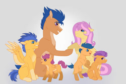 Size: 1095x730 | Tagged: safe, artist:fluffy-fillies, imported from derpibooru, first base, flash sentry, scootaloo, tender taps, oc, oc:blossoming peony, oc:sentinel shield, earth pony, pegasus, alternate universe, blank flank, brother and sister, brothers, coat markings, colored wings, colt, earth pony oc, family, father and child, father and daughter, father and son, female, filly, foal, headcanon, holding hooves, male, mare, mother and child, mother and daughter, mother and son, oc x oc, pegasus oc, shipping, siblings, socks (coat markings), stallion, straight, triplets, wings