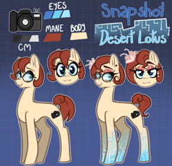 Size: 1811x1743 | Tagged: safe, artist:smirk, imported from derpibooru, oc, oc only, oc:desert lotus, oc:snapshot, cyborg, earth pony, abstract background, camera, cyberpunk, female, flower, glasses, gradient background, mare, reference sheet, science fiction, setting: neo somnambula, solo