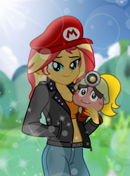 Size: 370x500 | Tagged: safe, artist:emeraldblast63, imported from derpibooru, sunset shimmer, human, equestria girls, cap, crossover, duo, duo female, female, goomba, goombella, hat, lens flare, lidded eyes, looking at you, mario's hat, midriff, paper mario: the thousand year door, smiling, sparkles, super mario bros.