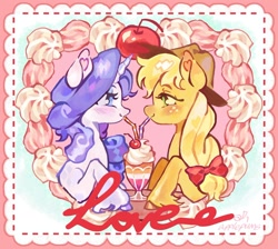 Size: 1200x1074 | Tagged: safe, artist:applepums, imported from derpibooru, applejack, rarity, pony, abstract background, applejack's hat, blonde mane, blue eyes, blue eyeshadow, blushing, bow, brown hooves, bust, cherry, colored, colored hooves, colored pinnae, cowboy hat, cursive writing, drink, duo, duo female, eyelashes, eyeshadow, facing each other, female, fetlock tuft, food, freckles, frosting, green eyes, hair bow, hat, heart ears, horn, lesbian, lesbian pride flag, lidded eyes, long mane, looking at each other, looking at someone, makeup, mare, milkshake, orange coat, postcard, pride, pride flag, profile, purple hooves, purple mane, rarijack, red bow, red text, sharing a drink, shiny coat, shiny mane, shipping, signature, smiling, smiling at each other, text, tied mane, unicorn horn, unshorn fetlocks, white coat