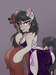 Size: 1536x2048 | Tagged: safe, artist:redjester, imported from derpibooru, octavia melody, earth pony, pony, semi-anthro, blushing, cello, chest fluff, clothes, dock, dress, ear fluff, female, fluffy, lip bite, mare, musical instrument, slender, solo, solo female, tail, thin