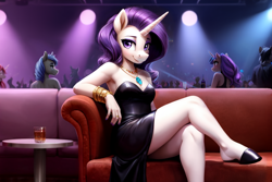 Size: 720x480 | Tagged: safe, imported from derpibooru, rarity, anthro, unicorn, ai content, ai generated, black dress, bracelet, breasts, clothes, club, couch, dress, drink, female, horn, jewelry, lights, necklace, prompter:dordrago, reasonably sized breasts, ring, sitting, smiling, stupid sexy rarity, table