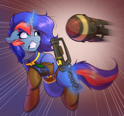 Size: 3152x2968 | Tagged: safe, artist:witchtaunter, imported from derpibooru, oc, oc only, oc:ryo, pony, unicorn, atomic bomb, clothes, commission, fallout, female, gun, horn, magic, mare, nuclear weapon, solo, weapon