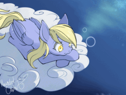 Size: 560x420 | Tagged: safe, artist:hauntedtuba, imported from derpibooru, derpy hooves, pegasus, pony, animated, cloud, flying, gif, lying down, on a cloud, prone, sitting, sitting on a cloud, solo