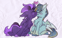 Size: 2000x1220 | Tagged: safe, artist:shad0w-galaxy, imported from derpibooru, oc, oc only, oc:ruffled quill, oc:shadow galaxy, pegasus, pony, blushing, cheek fluff, chest fluff, cute, doodle, duo, ear fluff, ethereal mane, eyes closed, female, fluffy, freckles, glasses, heart, hooves, kissing, male, mare, oc x oc, shipping, smooch, stallion, starry mane, starry tail, tail, unshorn fetlocks
