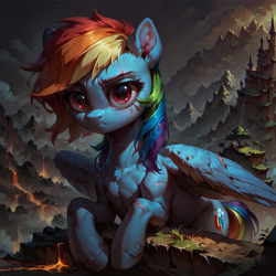 Size: 4096x4096 | Tagged: safe, imported from derpibooru, rainbow dash, pegasus, pony, ai content, ai generated, alternate universe, castle, cloud, female, generator:pony diffusion v6 xl, generator:stable diffusion, lava, looking at you, mountain, prompter:copper ore, scar, solo, solo female, tail, tree, wings