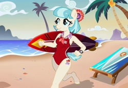 Size: 1216x832 | Tagged: safe, imported from twibooru, coco pommel, anthro, earth pony, ai content, ai generated, baywatch, beach, breasts, busty coco pommel, chair, clothes, generator:stable diffusion, lawn chair, needs more jpeg, one-piece swimsuit, palm tree, running, sexy, smiling, solo, sunbathing, surfboard, swimsuit, tree