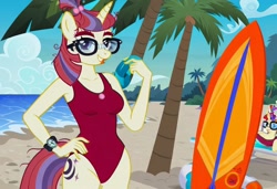 Size: 1216x832 | Tagged: safe, imported from twibooru, moondancer, anthro, unicorn, ai content, ai generated, baywatch, beach, breasts, buoy, busty moondancer, clothes, flirting, generator:stable diffusion, hand on hip, needs more jpeg, one-piece swimsuit, palm tree, seductive pose, sexy, smiling, solo, standing, sunbathing, surfboard, swimsuit, tree