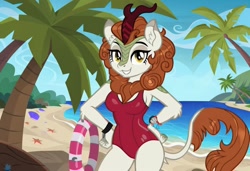 Size: 1216x832 | Tagged: safe, imported from twibooru, autumn blaze, anthro, kirin, ai content, ai generated, baywatch, beach, breasts, buoy, busty autumn blaze, clothes, flirting, generator:stable diffusion, hand on hip, needs more jpeg, one-piece swimsuit, palm tree, seductive pose, sexy, smiling, solo, standing, sunbathing, swimsuit, tree