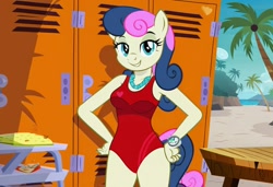 Size: 1216x832 | Tagged: safe, imported from twibooru, bon bon, sweetie drops, anthro, earth pony, ai content, ai generated, baywatch, beach, bench, breasts, busty bon bon, changing room, clothes, flirting, generator:stable diffusion, hand on hip, lockers, needs more jpeg, one-piece swimsuit, palm tree, seductive pose, sexy, smiling, solo, standing, sunbathing, swimsuit, tree