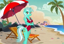 Size: 1216x832 | Tagged: safe, imported from twibooru, lyra heartstrings, anthro, unicorn, ai content, ai generated, baywatch, beach, breasts, busty lyra heartstrings, chair, clothes, crossed arms, flirting, generator:stable diffusion, lawn chair, needs more jpeg, one-piece swimsuit, palm tree, seductive pose, sexy, smiling, solo, standing, sunbathing, swimsuit, tree, umbrella, watch tower