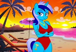Size: 1216x832 | Tagged: safe, imported from twibooru, minuette, anthro, unicorn, ai content, ai generated, baywatch, beach, breasts, busty minuette, chair, clothes, crossed arms, flirting, generator:stable diffusion, lawn chair, needs more jpeg, one-piece swimsuit, palm tree, seductive pose, sexy, smiling, solo, standing, sunbathing, sunset, swimsuit, tree, umbrella