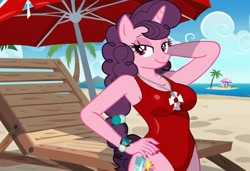 Size: 1216x832 | Tagged: safe, imported from twibooru, sugar belle, anthro, unicorn, ai content, ai generated, arm behind head, baywatch, beach, breasts, busty sugar belle, chair, clothes, flirting, generator:stable diffusion, hand on hip, island, lawn chair, needs more jpeg, one-piece swimsuit, palm tree, seductive pose, sexy, smiling, solo, standing, sunbathing, swimsuit, tree, umbrella