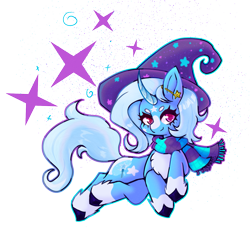 Size: 1473x1419 | Tagged: safe, artist:duskpyx, imported from derpibooru, trixie, pony, chest fluff, clothes, colored, curved horn, ear piercing, full body, hat, horn, looking at you, lying down, piercing, redesign, scarf, shading, simple background, smiling, smiling at you, stars, transparent background, trixie's hat, unshorn fetlocks