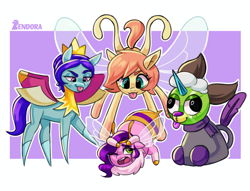 Size: 3800x2900 | Tagged: safe, artist:zendora, imported from derpibooru, pipp petals, bee pony, breezie, fairy, fairy pony, original species, pony, 2024, book fairy, bully, bullying, bumblebipp, clothes, commission, covering head, cowering, crying, evil grin, feather, g5, grin, group, looking up, madame taffytail, one eye closed, open mouth, passepartout, pipp is short, pipp is smol, quartet, raised hoof, sad, scarf, signature, smiling, smol, species swap, spread wings, surrounded, tail, tongue out, unnamed breezie, unnamed character, wings