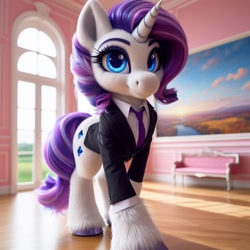 Size: 1024x1024 | Tagged: safe, imported from ponybooru, rarity, pony, unicorn, ai content, ai generated, alternate hairstyle, bing, clothes, concave belly, female, fluffy, indoors, looking at you, mare, necktie, solo, suit, unshorn fetlocks