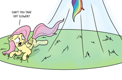 Size: 2706x1788 | Tagged: safe, artist:doodledonutart, imported from derpibooru, fluttershy, rainbow dash, pegasus, pony, atg 2024, female, holding, mare, newbie artist training grounds, pun, solo focus, taking off, visual pun