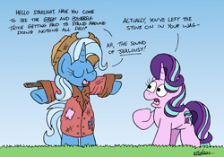 Size: 2408x1683 | Tagged: safe, artist:bobthedalek, imported from derpibooru, starlight glimmer, trixie, pony, unicorn, atg 2024, bipedal, clothes, dialogue, duo, duo female, eyes closed, female, grass, hat, horn, implied fire, jacket, mare, newbie artist training grounds, oblivious, open mouth, open smile, raised hoof, scarecrow, smiling, this will end in fire