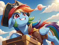 Size: 1728x1344 | Tagged: safe, ai generated, imported from derpibooru, rainbow dash, pegasus, pony, ai content, chest, clothes, cloud, coin, crepuscular rays, cute, dashabetes, ear fluff, faic, female, floppy ears, generator:bluefox mix, generator:stable diffusion, hat, implied twilight sparkle, leg fluff, levitation, looking up, low angle, magic, magic aura, mare, outdoors, pirate, pirate costume, pirate dash, pirate hat, pirate rainbow dash, prompter:tyto4tme4l, rainbow dash is best facemaker, skull, sky, smiling, solo, starry eyes, story included, sun, teeth, telekinesis, turned head, wingding eyes