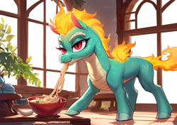 Size: 1024x720 | Tagged: prompter needed, safe, imported from derpibooru, dragon, hybrid, longma, them's fightin' herds, ai content, ai generated, community related, eating, food, noodles, slurping, tianhuo (tfh)