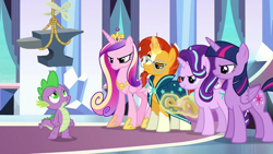 Size: 850x478 | Tagged: safe, edit, edited screencap, imported from derpibooru, screencap, princess cadance, princess flurry heart, spike, starlight glimmer, sunburst, twilight sparkle, alicorn, dragon, pony, unicorn, season 6, the times they are a changeling, abuse, angry, anvil, baby carriage, crown, crystal castle, eyebrows, female, frown, glare, glowing, glowing horn, go to sleep garble, horn, imminent death, jewelry, looking up, magic, male, mare, obscured face, raised eyebrow, reaction, regalia, rope, scissors, shitposting, sisters-in-law, sleeping, spikeabuse, stallion, telekinesis, this will end in death, this will end in tears, this will end in tears and/or death, this will not end well, twilight sparkle (alicorn)