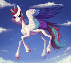 Size: 3326x2955 | Tagged: safe, artist:meggychocolatka, imported from derpibooru, zipp storm, pegasus, pony, beautiful, big ears, cloud, colored, colored wings, commission, commissioner:princess, concave belly, evening, eyebrows, eyelashes, female, flying, g5, high res, large wings, looking at you, mare, multicolored wings, no source available, shading, sky, slender, solo, spread wings, starry sky, thin, unshorn fetlocks, wings