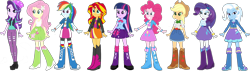 Size: 3876x1108 | Tagged: safe, artist:qbert2kcat, imported from derpibooru, applejack, fluttershy, pinkie pie, rainbow dash, rarity, sci-twi, starlight glimmer, sunset shimmer, trixie, twilight sparkle, human, equestria girls, clothes, female, humane five, humane seven, humane six, simple background, transparent background