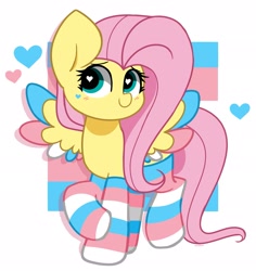 Size: 1933x2048 | Tagged: safe, artist:kittyrosie, imported from derpibooru, fluttershy, pegasus, pony, clothes, cute, female, heart, heart eyes, pride, pride flag, pride month, pride socks, shyabetes, socks, solo, striped socks, trans female, trans fluttershy, transgender, transgender pride flag, wingding eyes