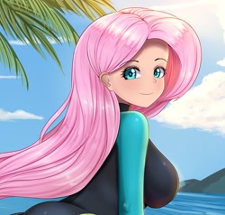 Size: 1922x1830 | Tagged: safe, artist:focusb, fluttershy, human, equestria girls, beach, breasts, female, wetsuit