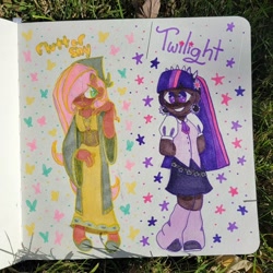 Size: 1440x1440 | Tagged: safe, artist:comicmaker, imported from derpibooru, fluttershy, twilight sparkle, butterfly, human, equestria girls, arm behind back, bandana, clothes, cutie mark eyes, dark skin, dress, duo, duo female, female, hair over eyes, human coloration, humanized, irl, moderate dark skin, photo, redesign, shirt, smiling, stars, traditional art, wingding eyes