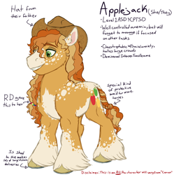 Size: 1990x2000 | Tagged: safe, artist:caffeinatedcarny, imported from derpibooru, applejack, earth pony, pony, alternate cutie mark, alternate universe, applejack's hat, bags under eyes, braid, braided tail, cheek fluff, coat markings, colored ears, colored hooves, colored pinnae, cowboy hat, dappled, disabled, ear freckles, freckles, hat, headcanon, heterochromia, horseshoes, implied anemia, implied bright mac, implied rainbow dash, intersex, leg freckles, lgbt, lgbt headcanon, lgbtq, lidded eyes, muscles, nonbinary, redesign, shoulder freckles, simple background, socks (coat markings), solo, speckled, standing, tail, tall, transfemme, transgender, unshorn fetlocks, white background