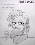 Size: 3072x3926 | Tagged: safe, artist:public mistake, imported from derpibooru, rarity, pony, unicorn, alternate hairstyle, bedroom eyes, clothes, date, dress, evening gloves, explicit source, female, glass, gloves, grayscale, horn, long gloves, mare, monochrome, pencil drawing, solo, talking to viewer, traditional art, wine glass