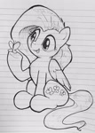 Size: 2160x3022 | Tagged: safe, artist:whiskeypanda, imported from derpibooru, fluttershy, butterfly, pegasus, pony, admiring, female, holding, ink drawing, lined paper, looking at butterfly, mare, monochrome, sitting, smiling, solo, traditional art