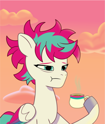 Size: 1531x1801 | Tagged: safe, artist:prixy05, imported from derpibooru, zipp storm, pegasus, pony, coffee, coffee cup, cup, female, g5, mare, messy mane, morning ponies, my little pony: tell your tale, solo, sunrise, tired