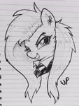 Size: 2045x2719 | Tagged: safe, artist:whiskeypanda, imported from derpibooru, fluttershy, pegasus, pony, /mlp/, clothes, ear piercing, eyeshadow, female, fluttergoth, ink drawing, jewelry, lined paper, looking at you, makeup, mare, monochrome, necktie, piercing, shirtless shirt collar, smiling, smiling at you, solo, traditional art